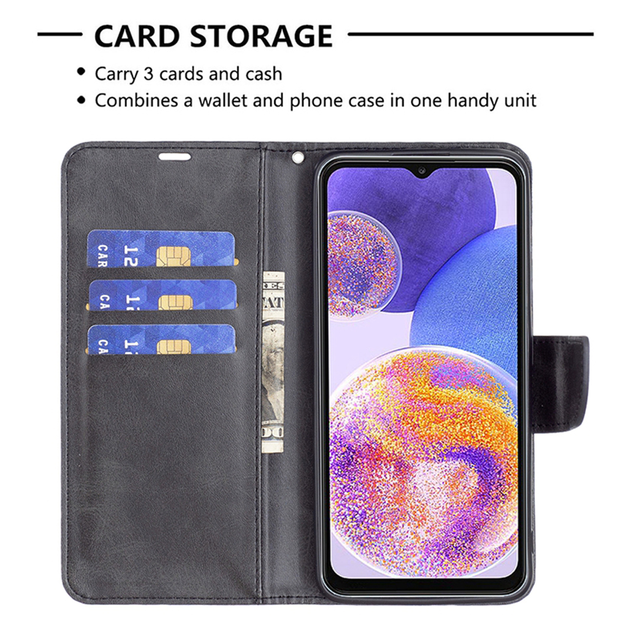 Een grijze telefoonhoes met een telefoon erin, open om kaartsleuven en een klein vakje te laten zien.