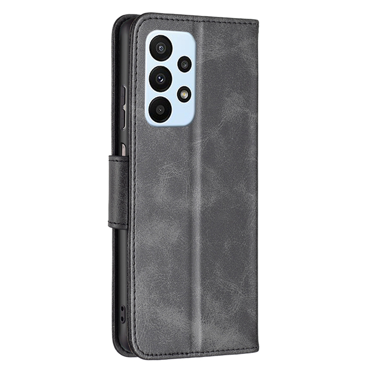 Grijze telefoonhoes, gesloten. Toont telefoon met drievoudige camera. Leerachtige textuur.