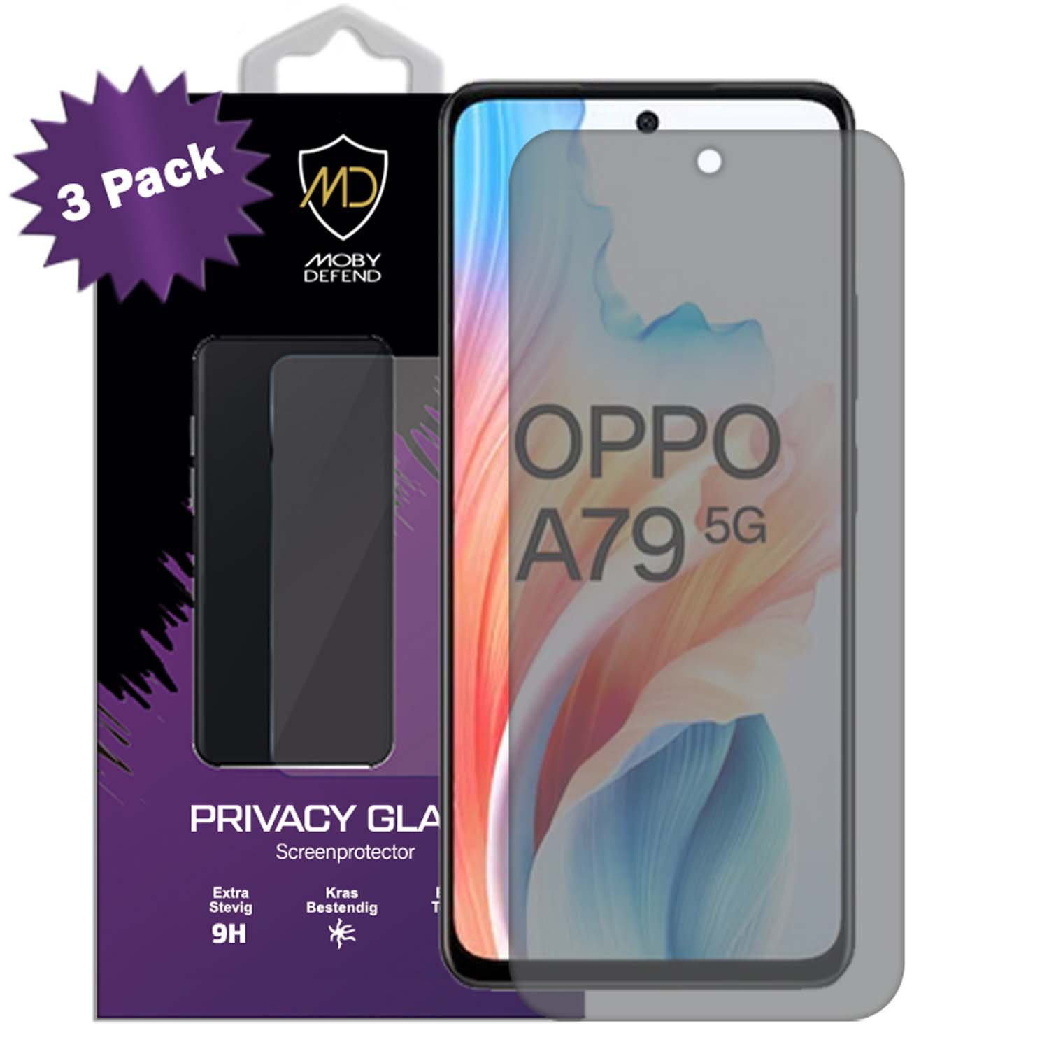 Paquet de protecteur d'écran '3 Pack'. Texte: 'OPPO A79 5G'. Protecteur de confidentialité.
