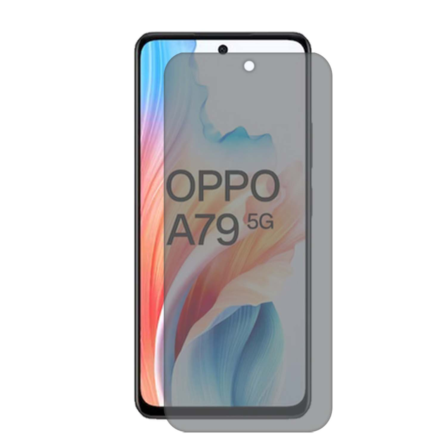 Smartphone avec protection d'écran de confidentialité appliquée, montrant l'étiquette OPPO A79 5G.