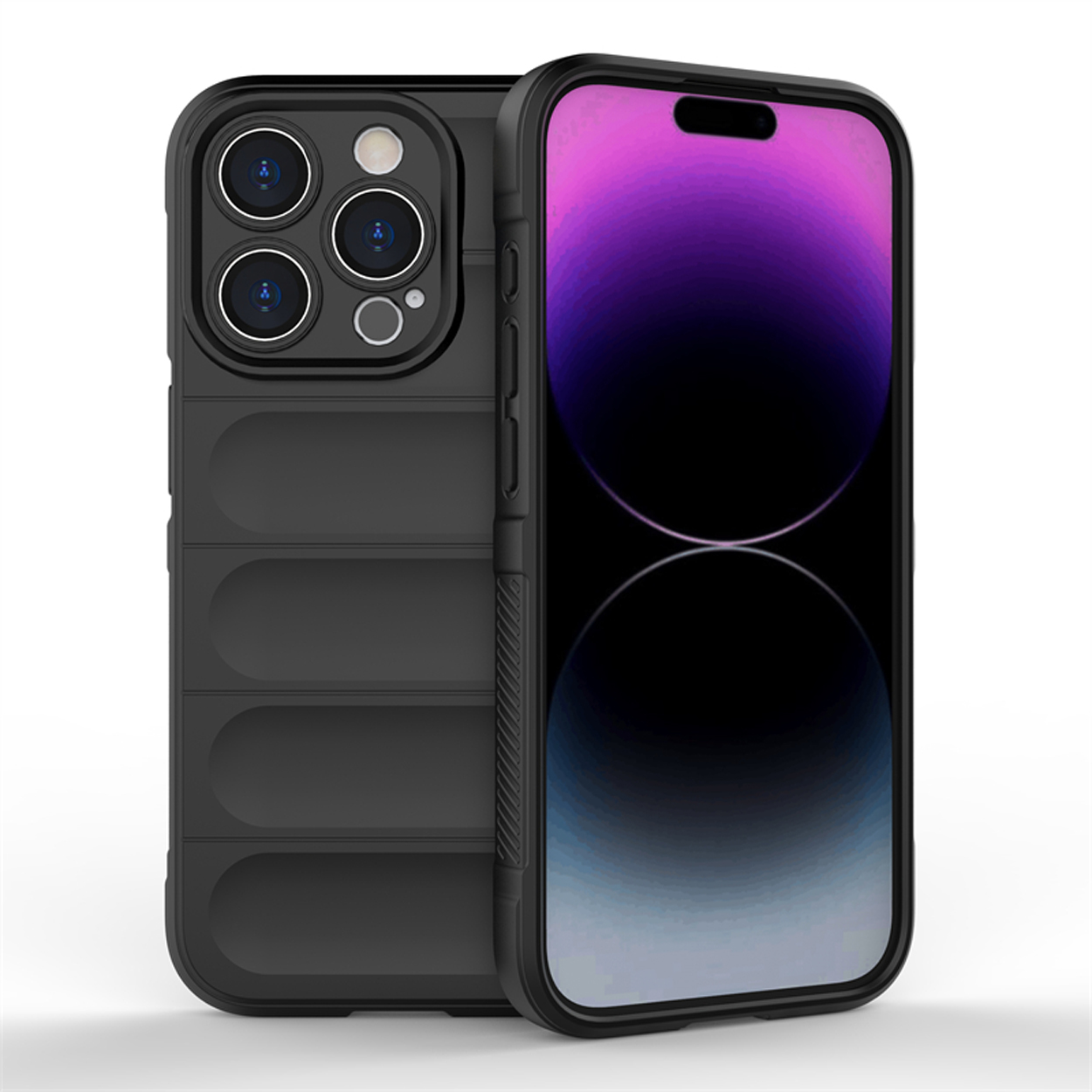 Coque de téléphone noire avec un téléphone noir. La coque a un design robuste avec des découpes pour la caméra.