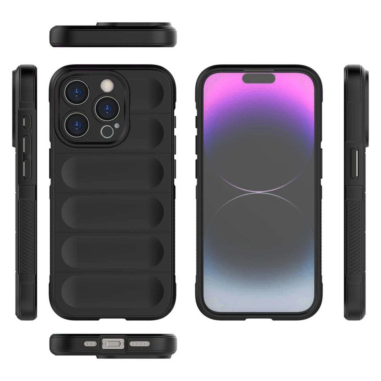 Coque de téléphone noire avec plusieurs vues, montrant les détails de la caméra et des côtés.