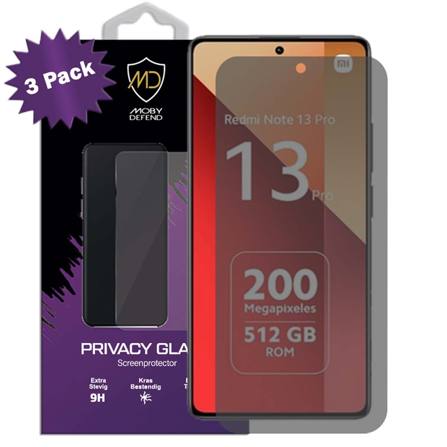 Un téléphone avec un protecteur d'écran de confidentialité et une boîte avec l'étiquette '3 Pack'.