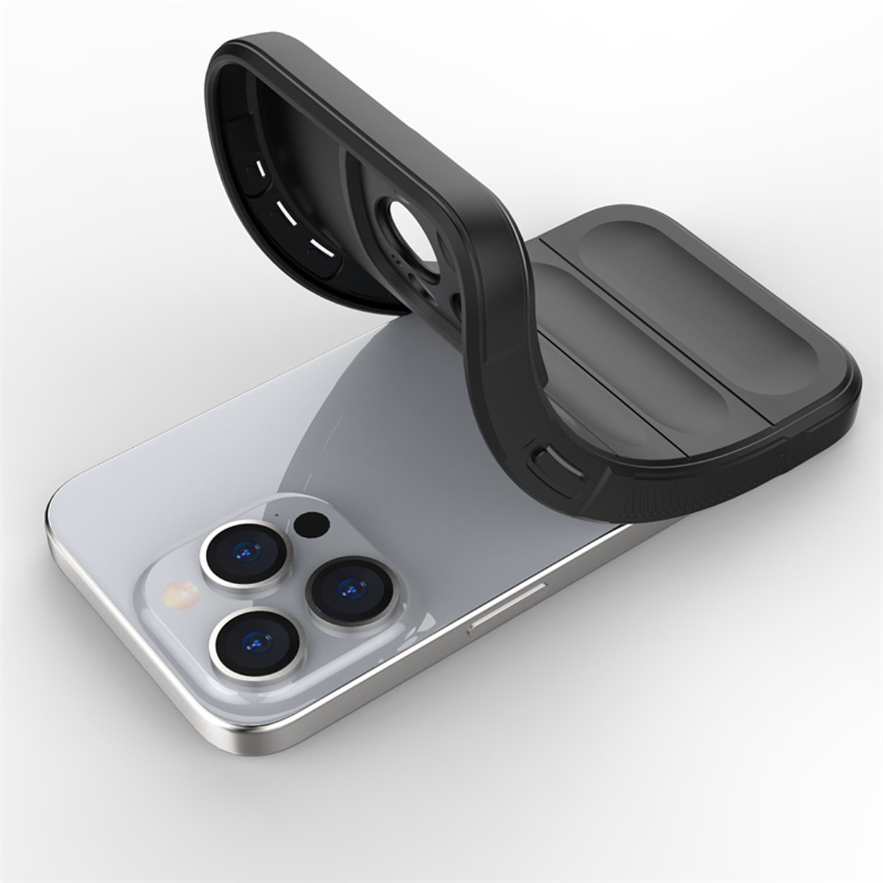 Coque de téléphone noire avec une partie de la coque retirée.