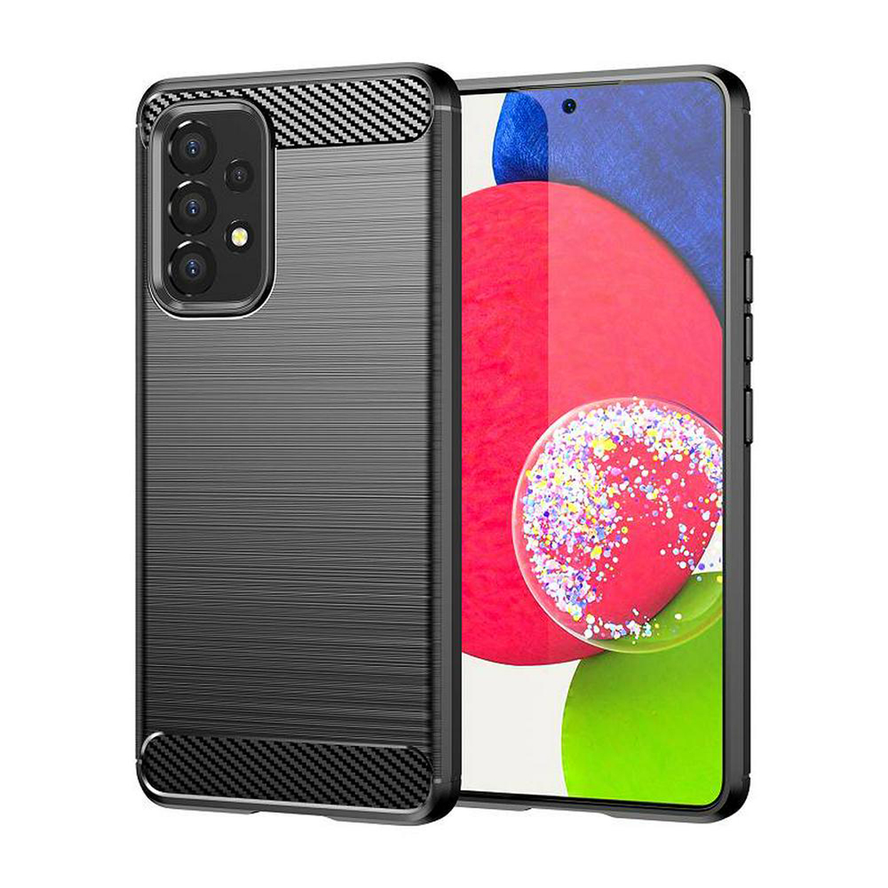 Coque de téléphone grise avec un design texturé, montrant les vues arrière et latérales du téléphone.