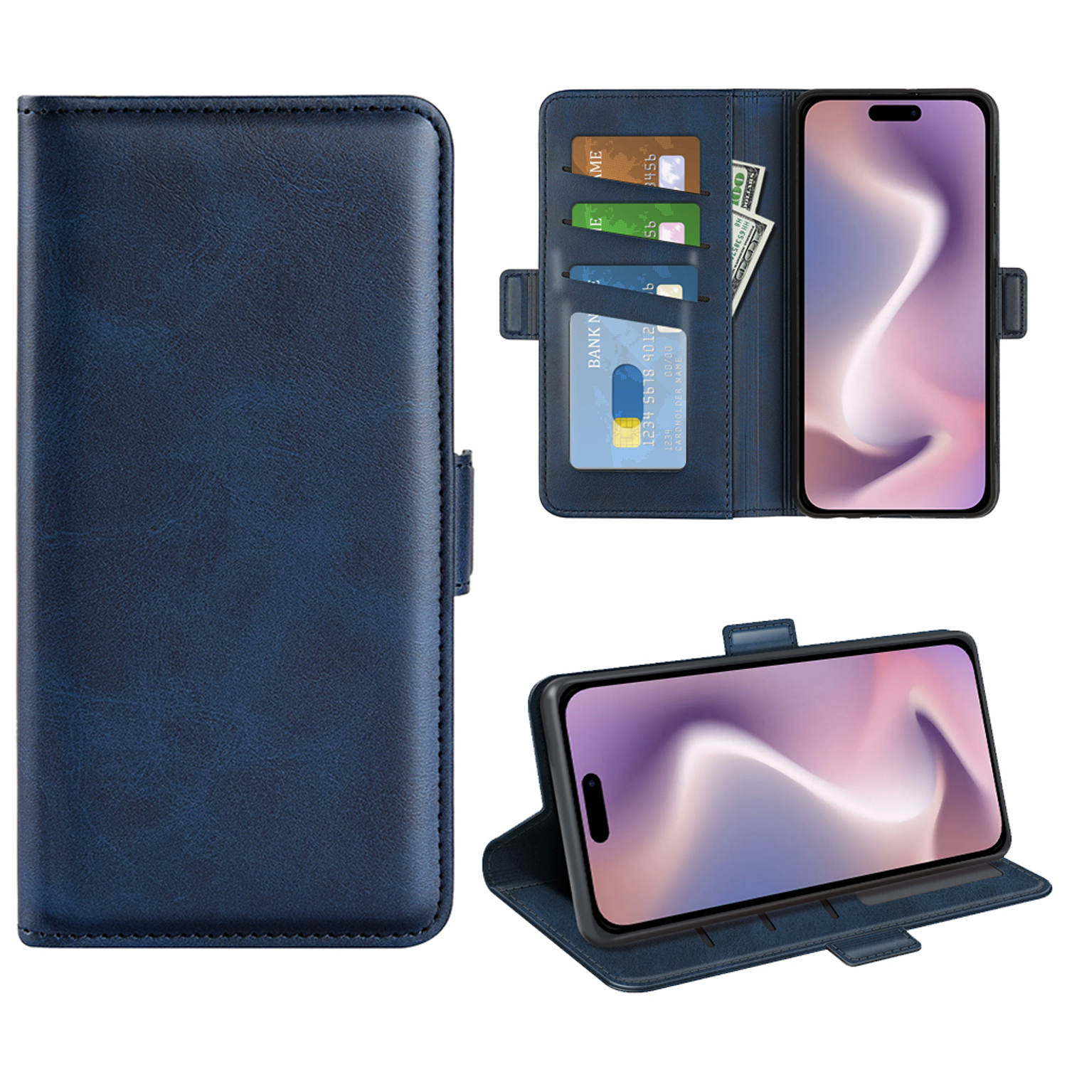 Blauwe leren telefoonhoes met kaarten, geld en telefoon. Open en gesloten weergave.