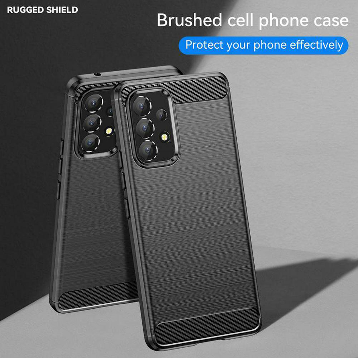 Deux coques de téléphone noires avec une texture brossée, texte 'Rugged Shield' et 'Brushed cell phone case'.