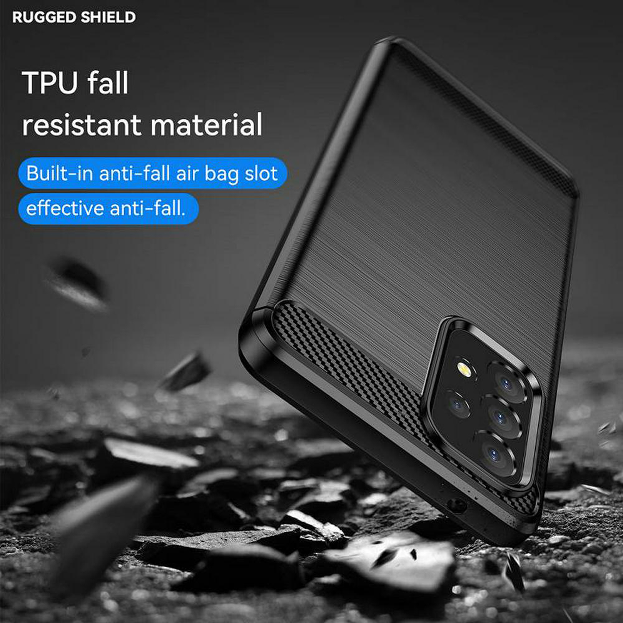 Coque de téléphone noire avec matériau TPU résistant aux chutes. Texte : Rugged Shield et TPU résistant aux chutes.