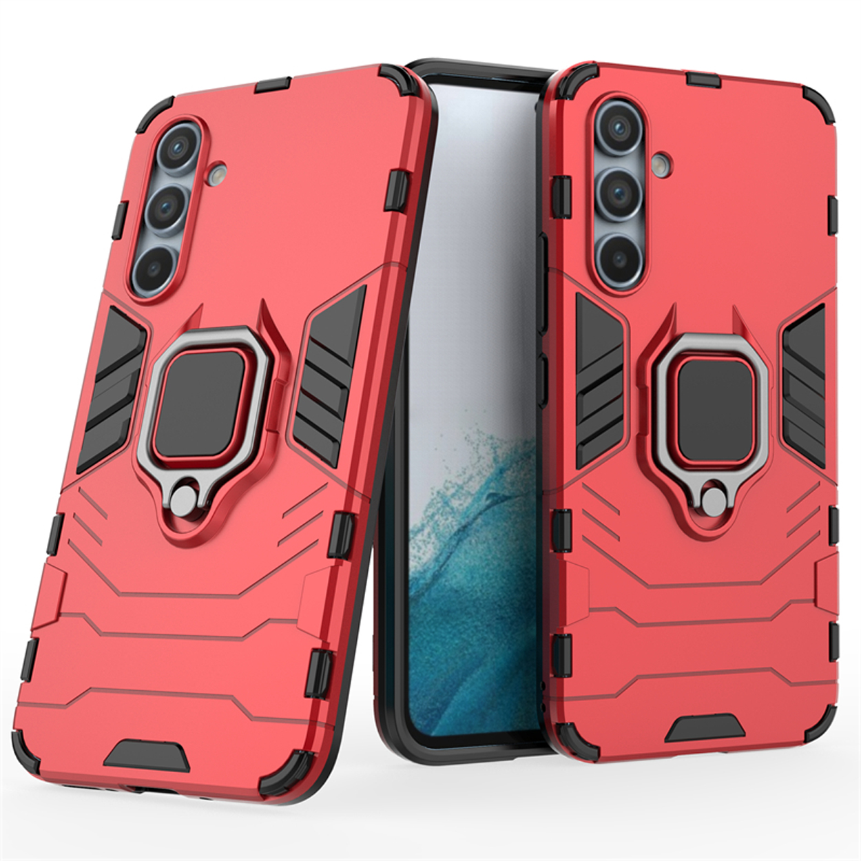 Étuis de téléphone rouges avec des accents noirs. Un a un support de bague. Téléphone visible.