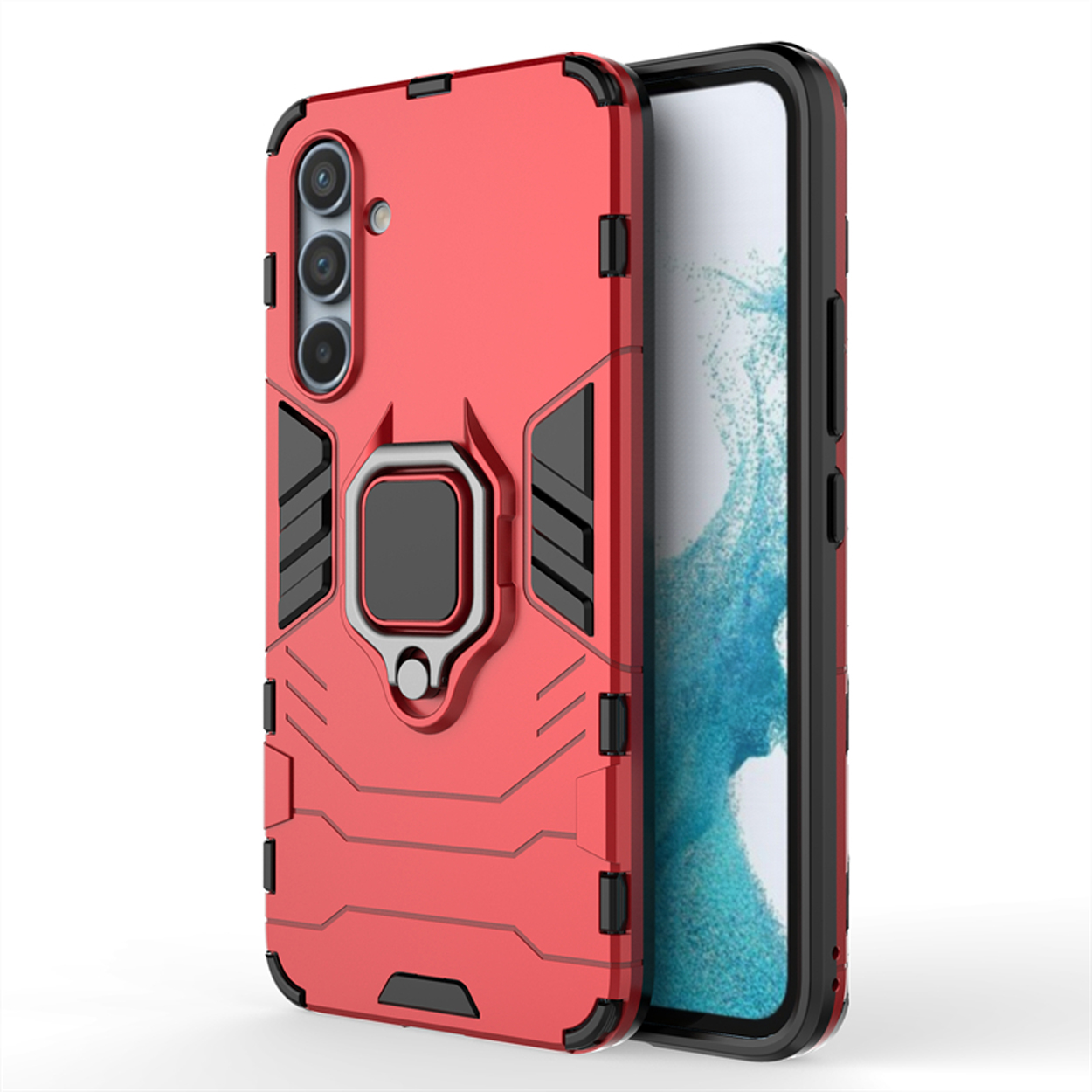 Une coque de téléphone rouge avec un support de bague. Le téléphone est inséré.
