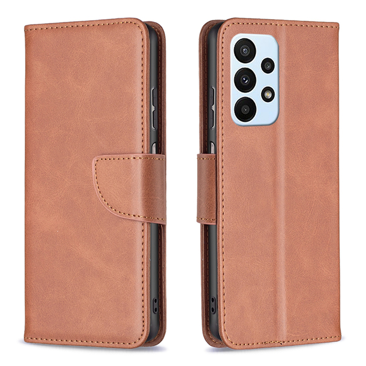 Bruine leren telefoonhoes, open en gesloten weergave. Telefoon zit erin.