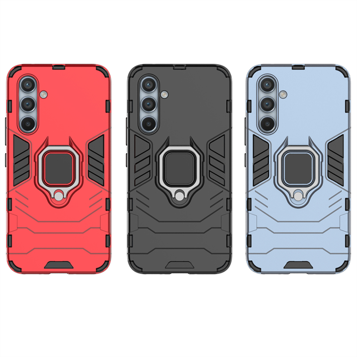 Drie telefoonhoesjes. Rood, zwart en blauw. Elk heeft een zilveren ringhouder in het midden.
