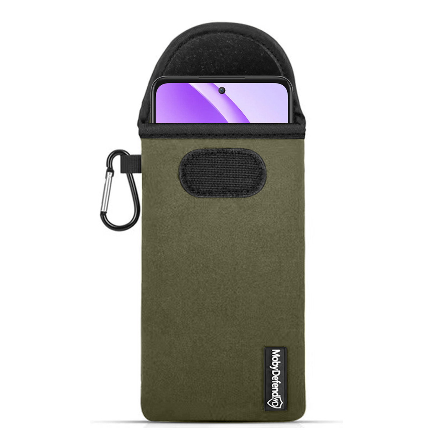 Een olijfgroene telefoonsleeve met een zwarte bovenkant, met een telefoon met een paars scherm.