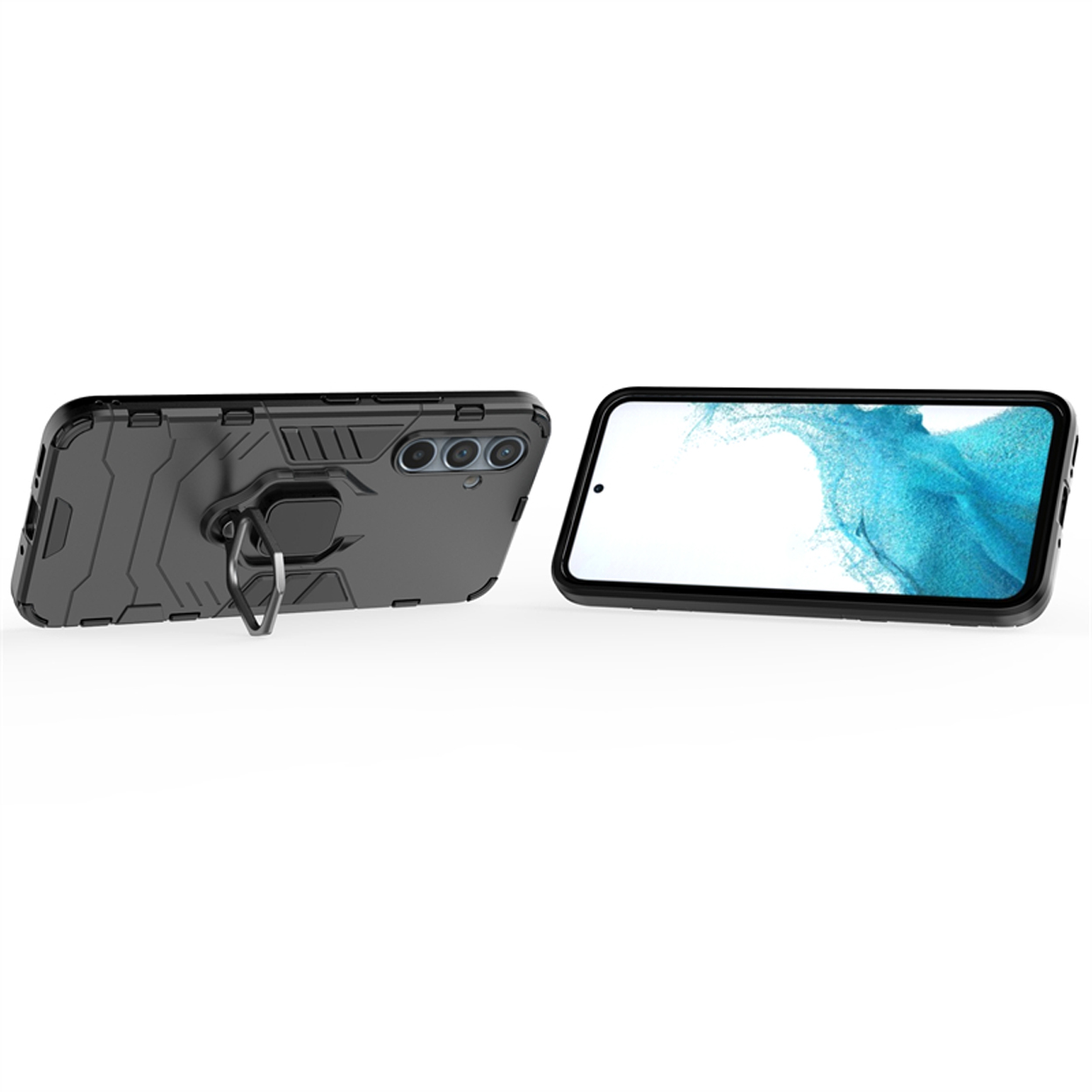 Zwarte telefoonhoes met een ringhouder. De hoes is links, de telefoon rechts.