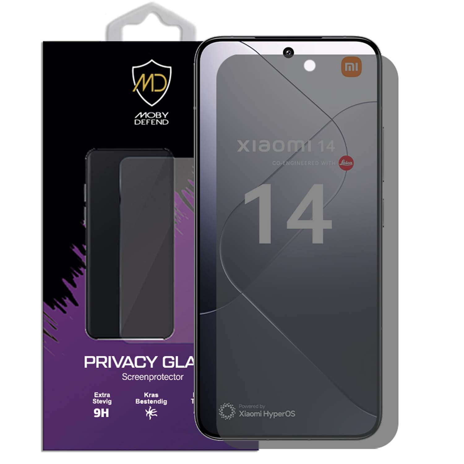 Twee privacy-schermbeschermers in een doos. Op de doos staat Xiaomi 14.