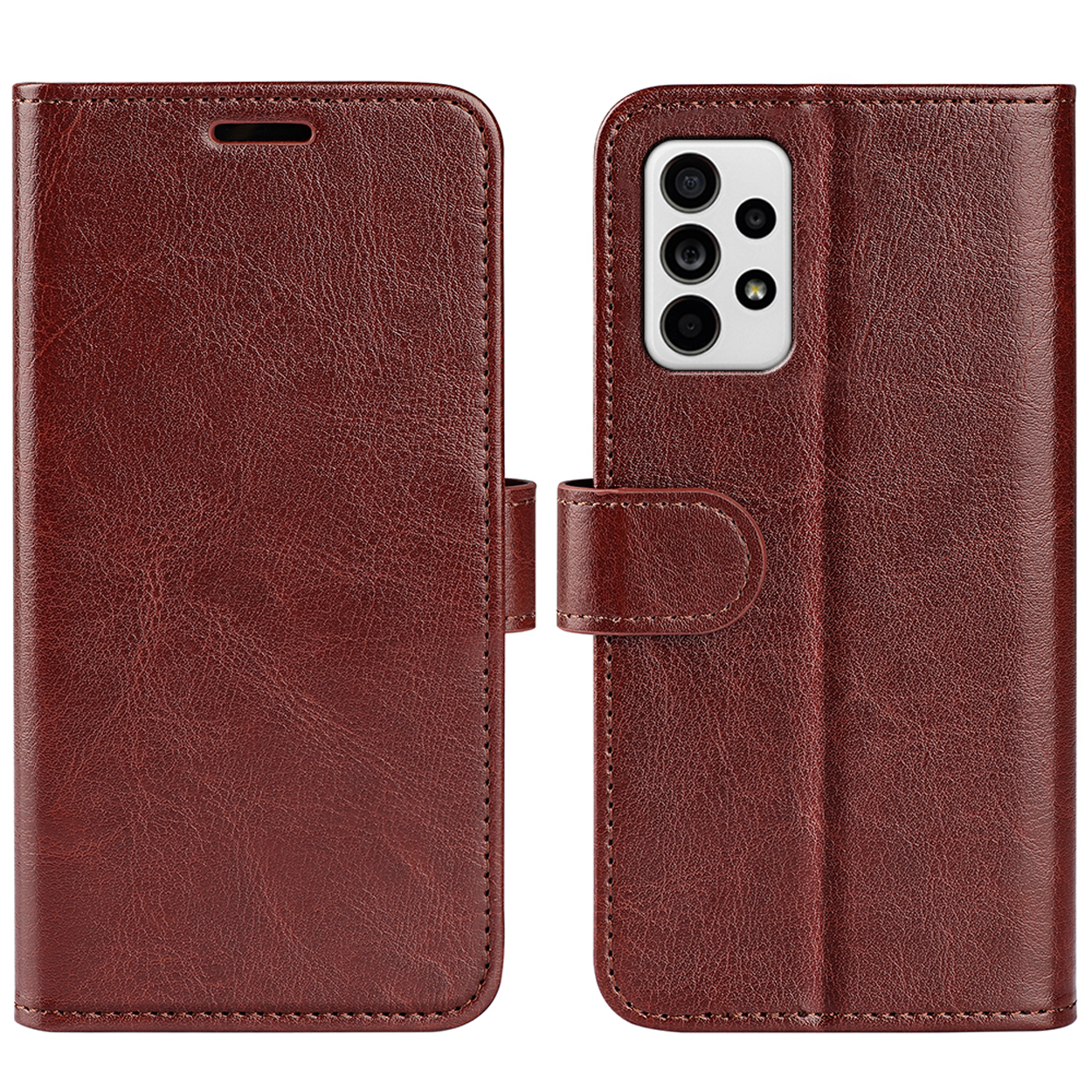 Bruine leren telefoonhoes, open en dicht. Met sluiting en stiksels.