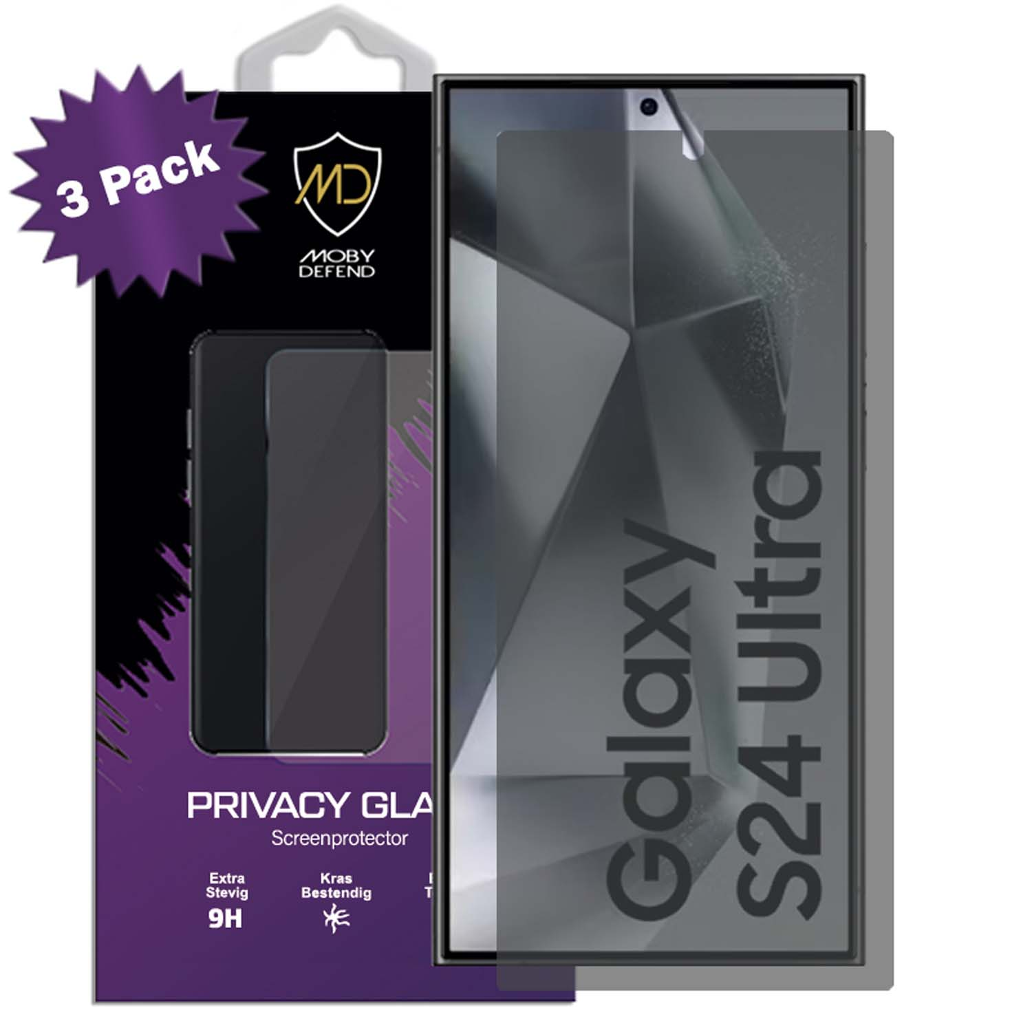 Paquet protecteur d'écran '3 Pack'. Texte: 'Galaxy S24 Ultra'. Protecteur de confidentialité.