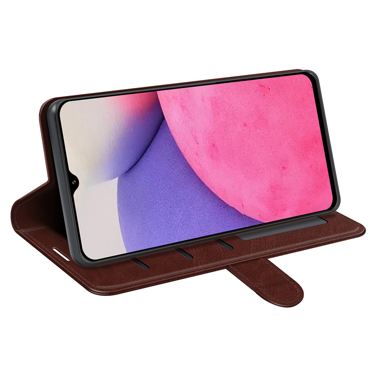 Bruine telefoonhoes met een telefoon erin, die de telefoon onder een hoek toont. De binnenkant wordt getoond.