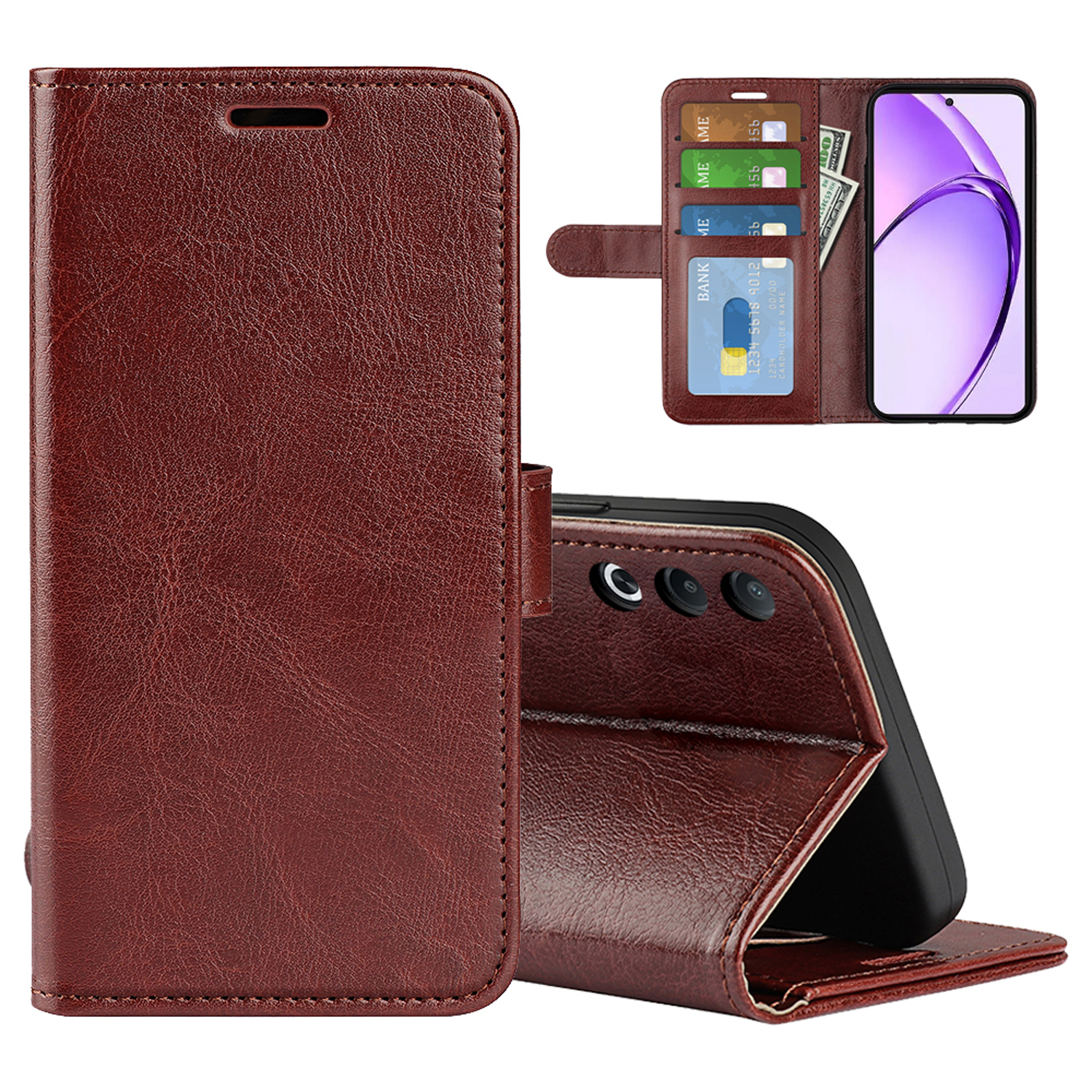 Bruine leren telefoonhoes, opengeklapt om kaartsleuven, geld en een telefoon met display te laten zien.