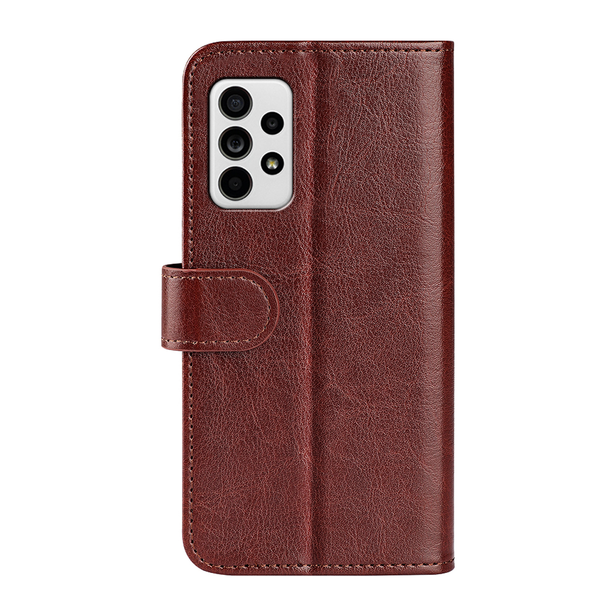 Bruine telefoonhoes met telefoon erin. Hoes heeft een magnetische sluiting en stikdetails.