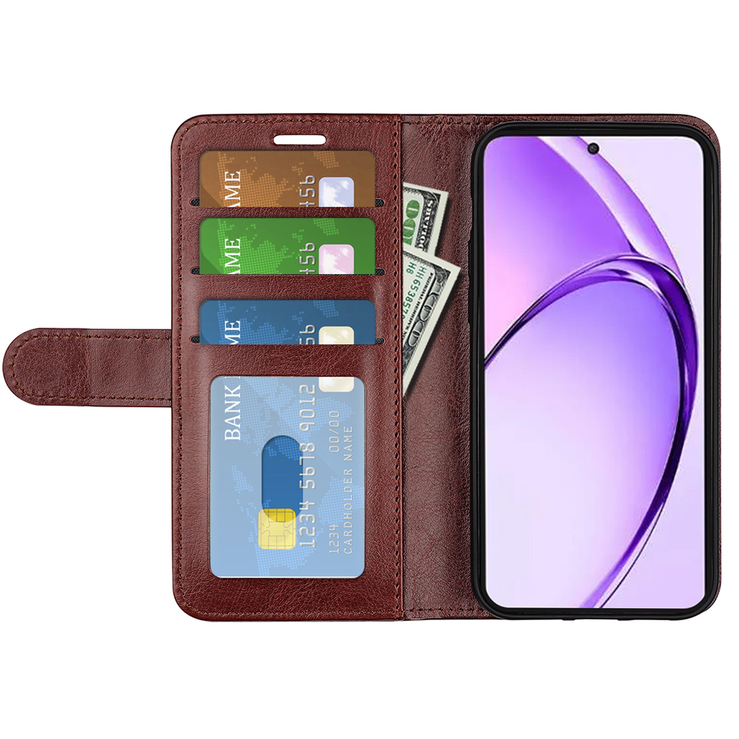 Bruine leren telefoonportemonnee, open, met kaarten en contant geld. Telefoon met paars scherm zichtbaar.