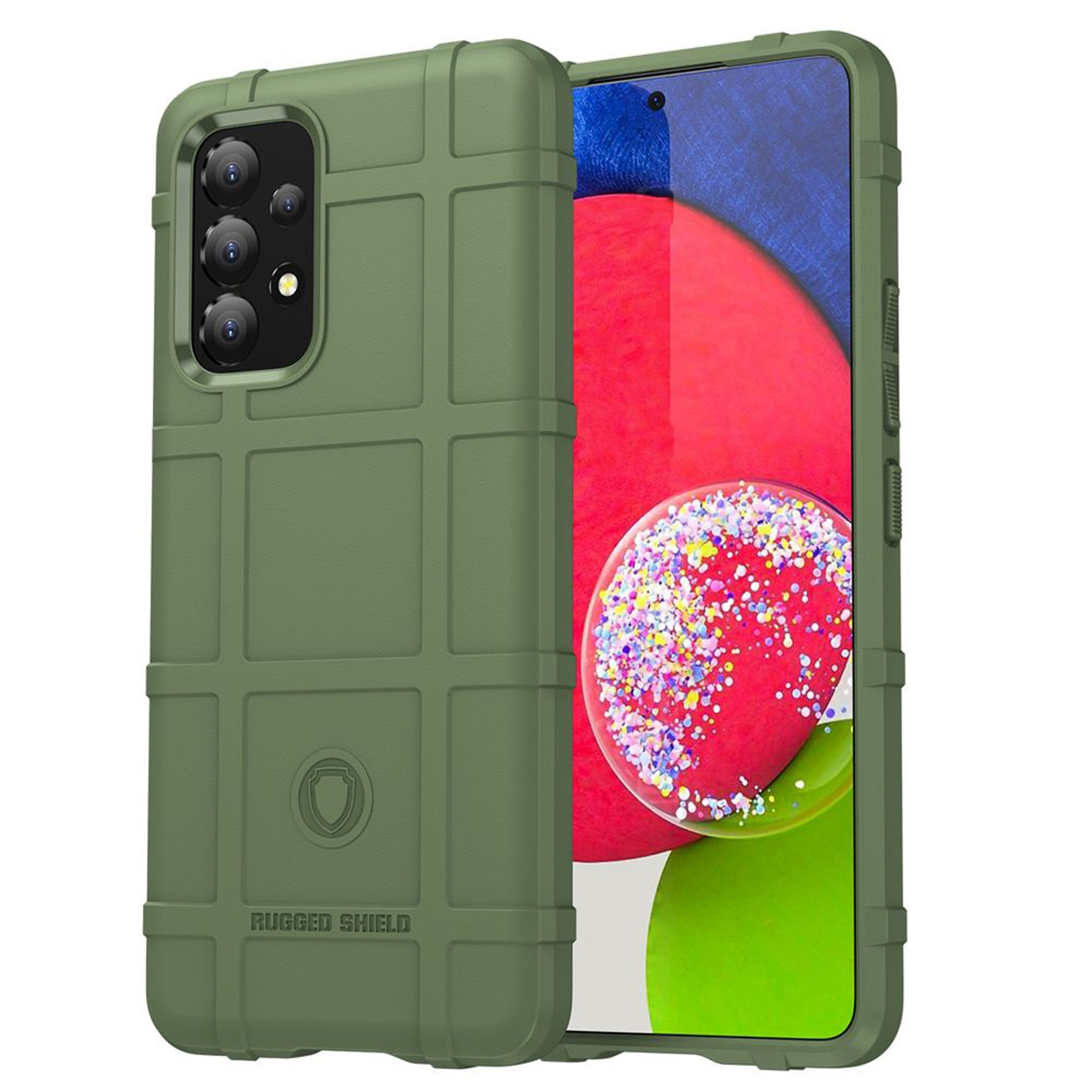 Groene telefoonhoes met rastertextuur, telefoon rechts zichtbaar. Label: 'RUGGED SHIELD'.