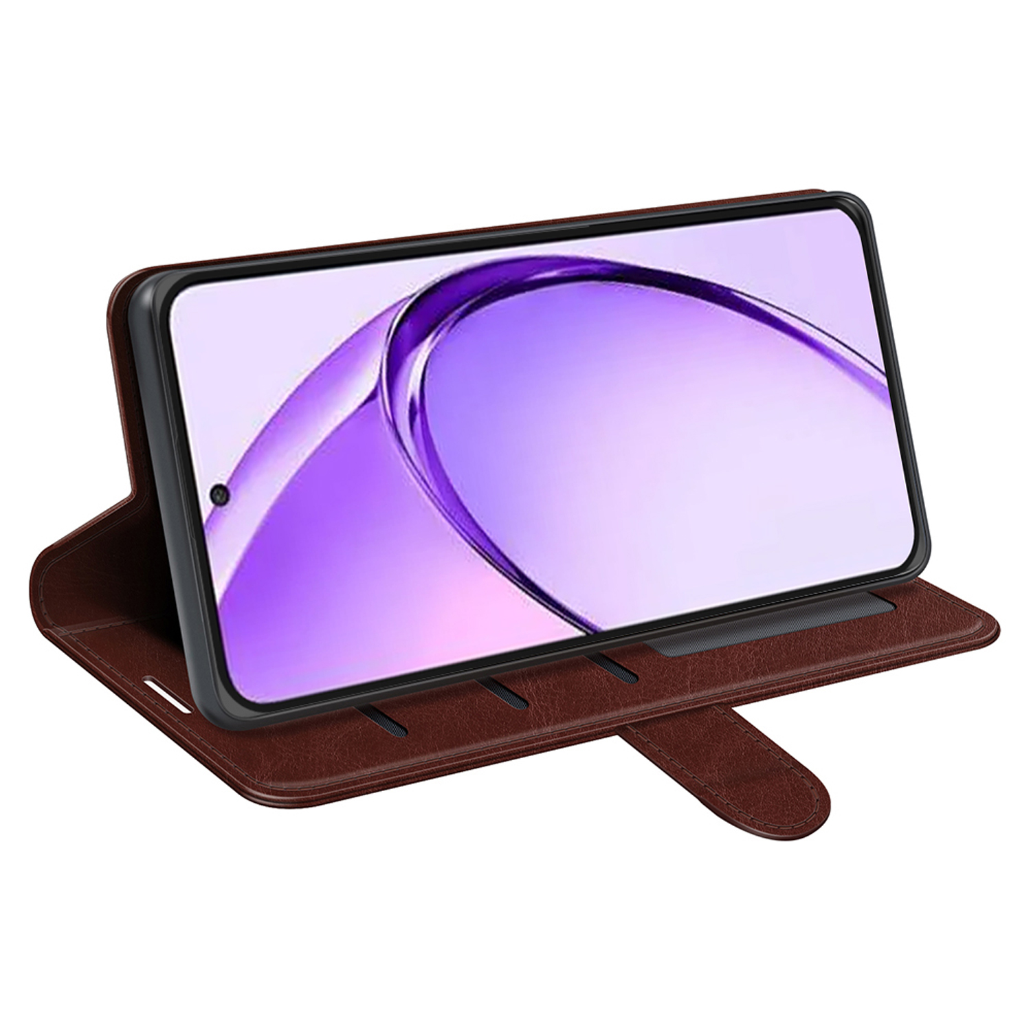 Bruine telefoonhoes met een telefoon weergegeven. De hoes is open en staat.