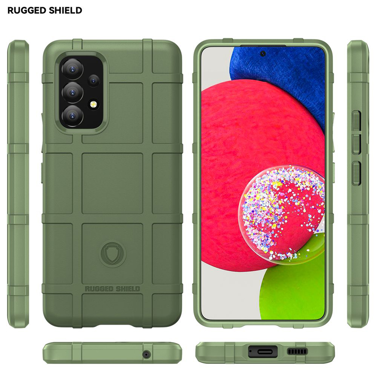 Groene telefoonhoes met een robuust ontwerp. Telefoon zichtbaar. De hoes heeft een Rugged Shield label.