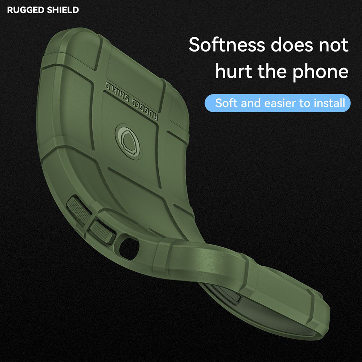 Olijfgroene telefoonhoes. De tekst luidt 'Rugged Shield' en 'Softness does not hurt the phone'.