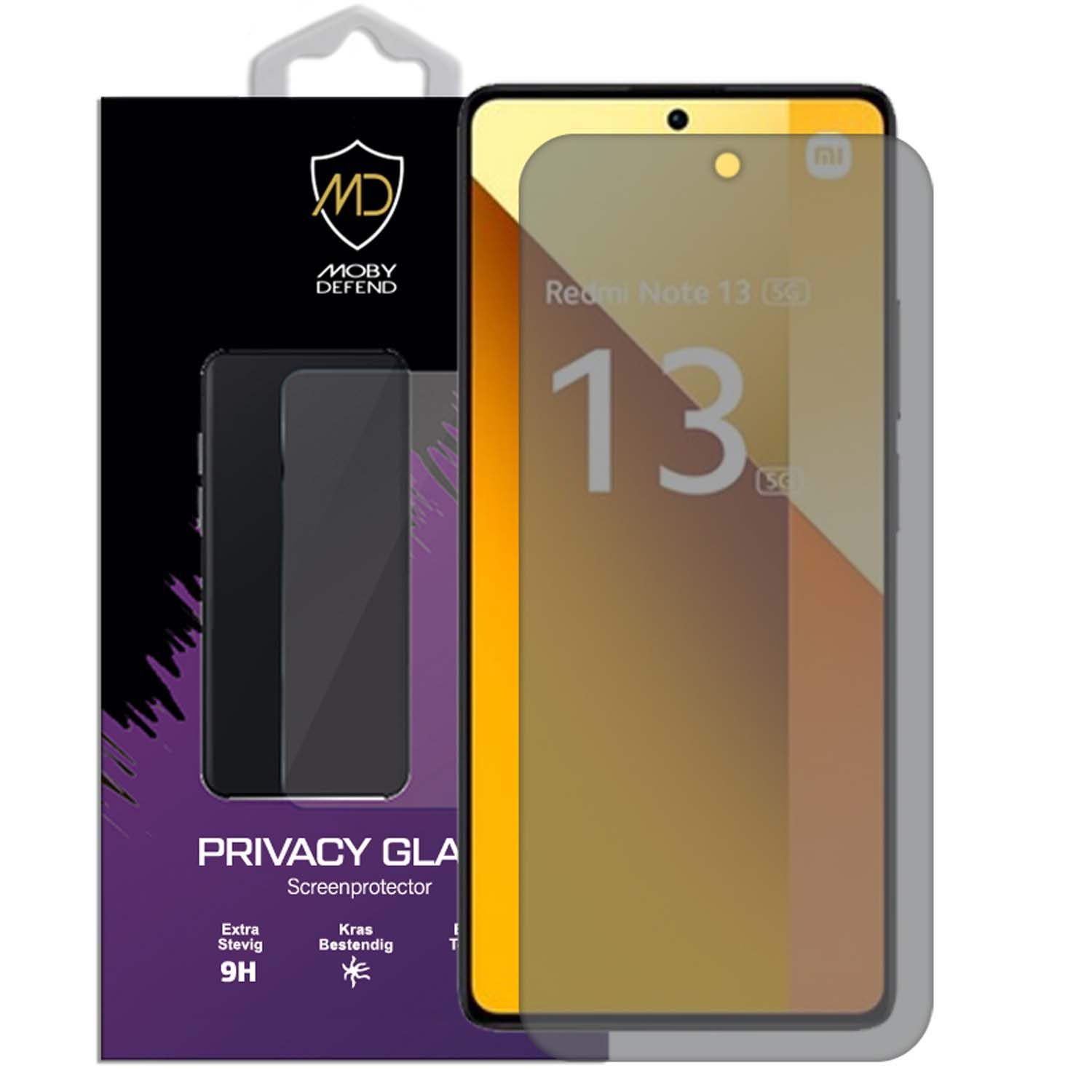 Protecteur d'écran de téléphone dans une boîte. Il est écrit Privacy Glass, Redmi Note 13, 13 5G. Tons orange et jaune.