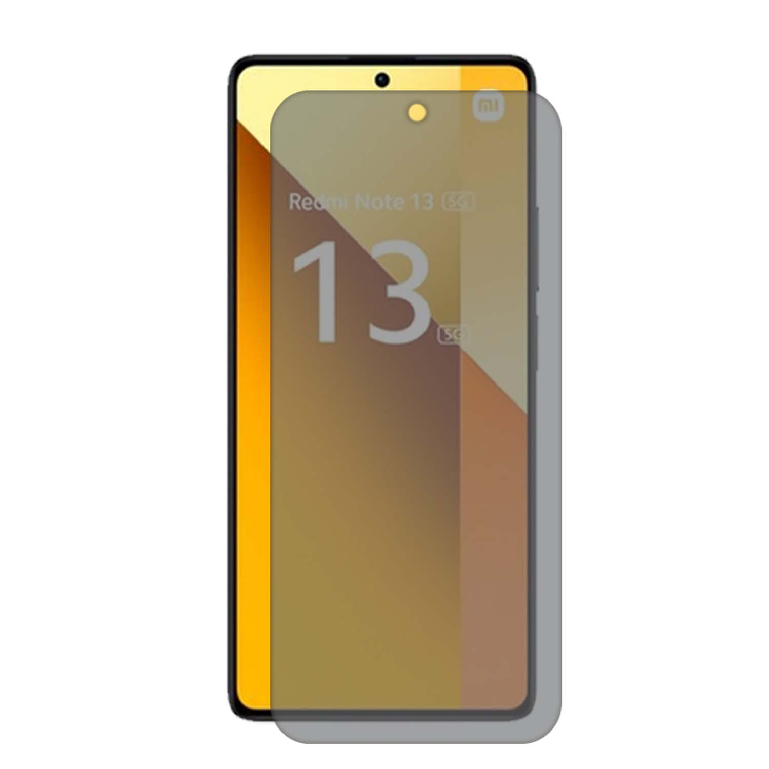 Téléphone avec protecteur d'écran. Affiche le modèle et le numéro 13. Dégradé jaune et marron à l'écran.