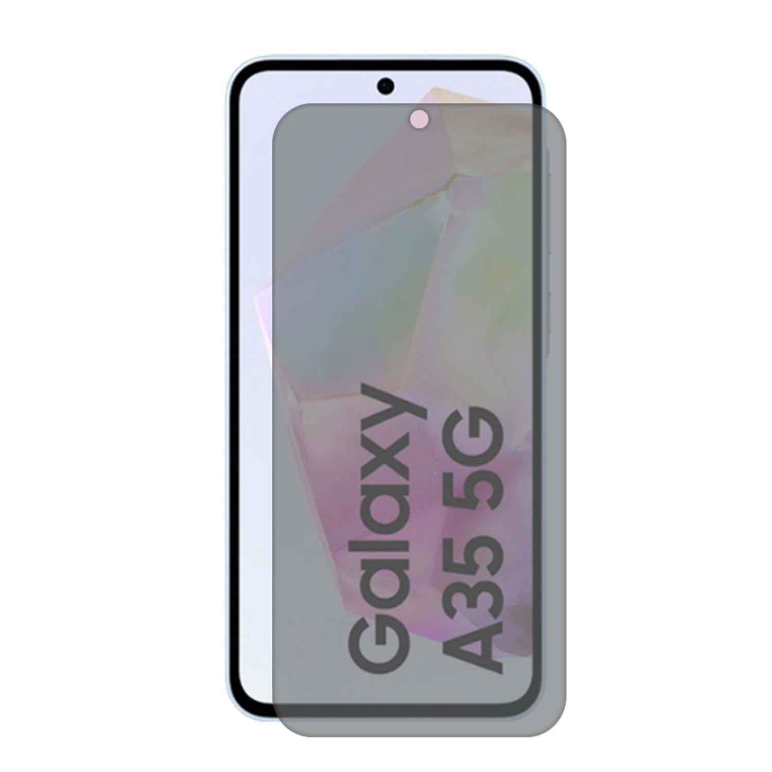 Telefoon met een screenprotector aangebracht. De tekst Galaxy A35 5G is zichtbaar.