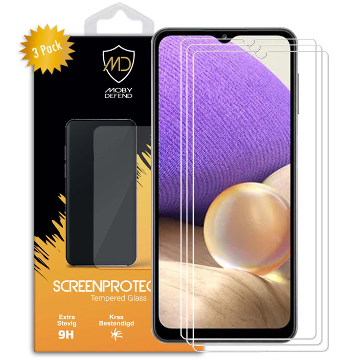 Paquet de protecteurs d'écran avec 3 protecteurs. Téléphone avec protecteurs d'écran appliqués, boîte noire à gauche.