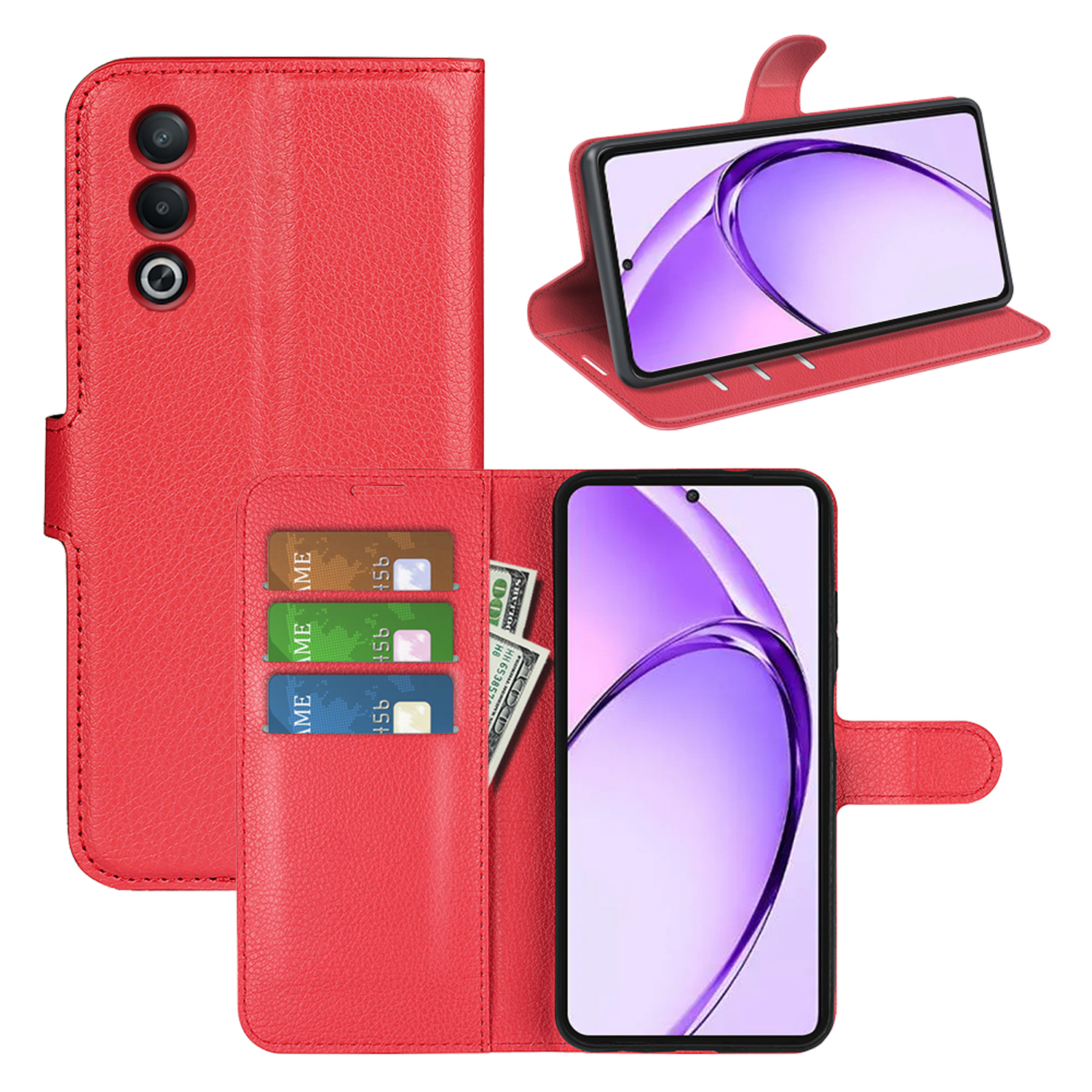 Rode telefoonhoes open, toont telefoon, kaarten en geld, met een standfunctie.