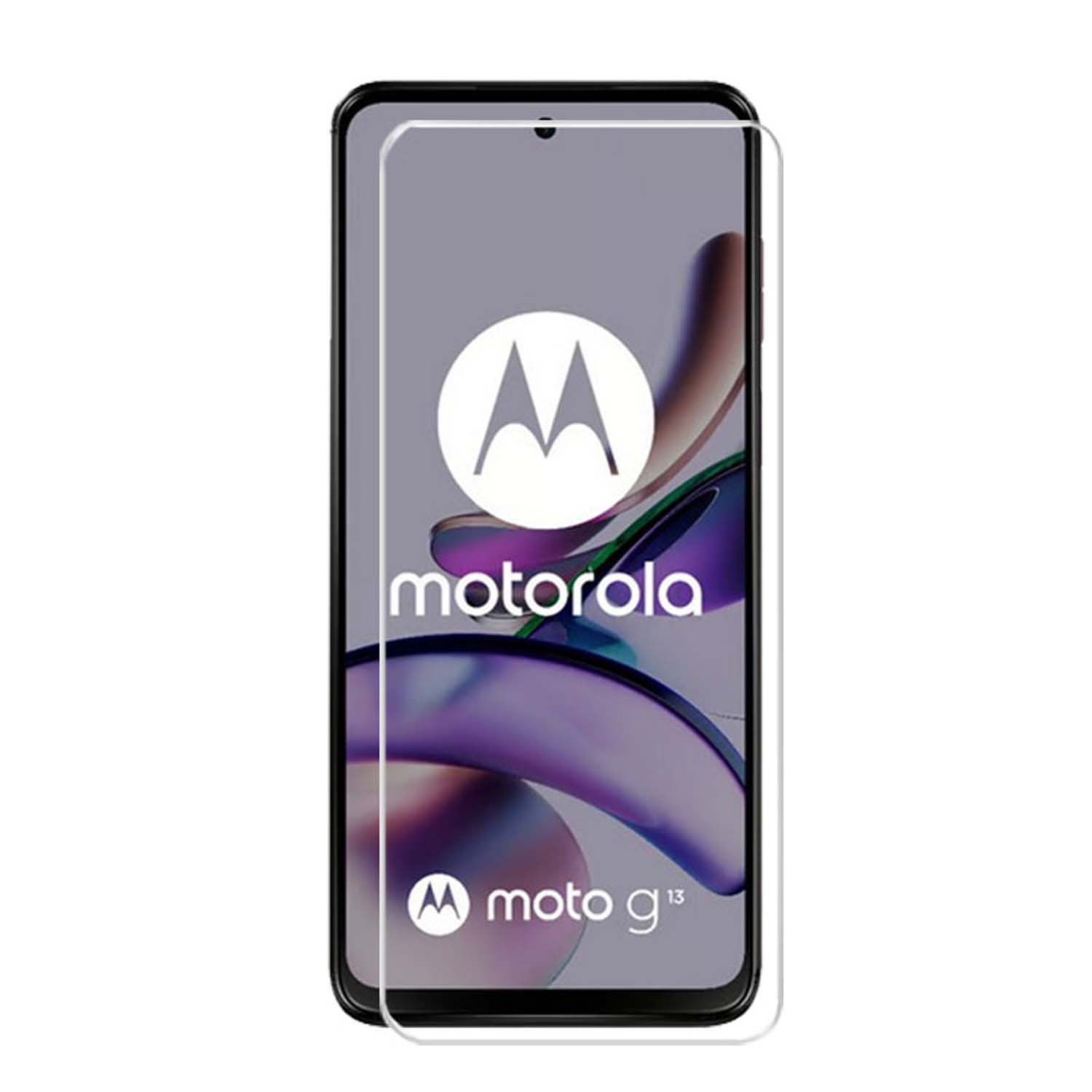 Téléphone Motorola avec protection d'écran installée. Fond blanc.