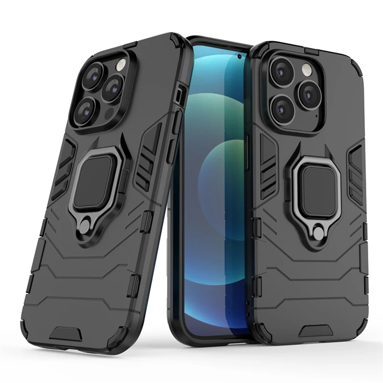 Coque de téléphone noire avec deux coques et téléphone à l'intérieur. Les coques ont un anneau et un design robuste.