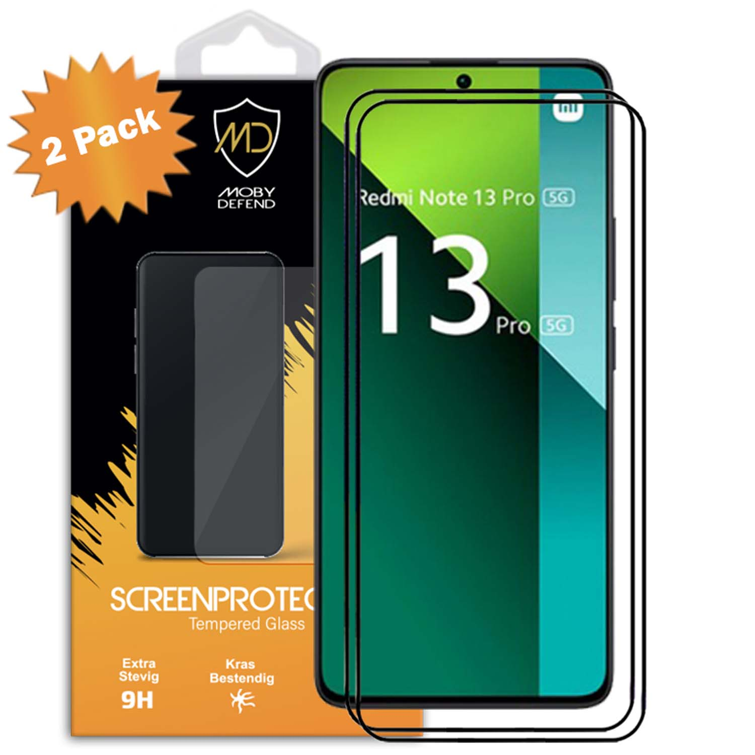 Twee schermbeschermers voor een Redmi Note 13 Pro 5G, met zwarte doos. Tekst '2 Pack'.