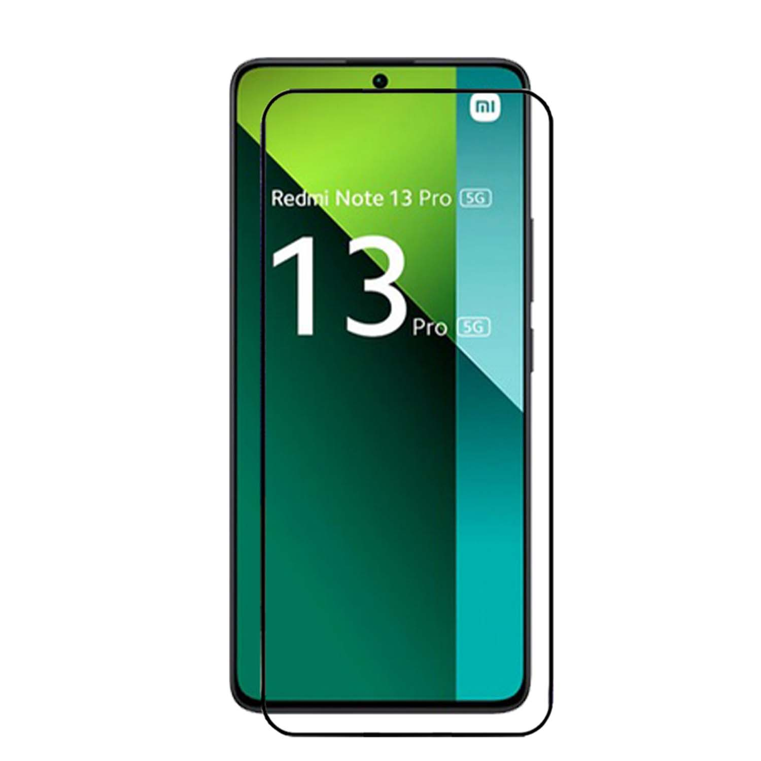 Telefoon met schermbeschermer. Telefoonmodel is Redmi Note 13 Pro 5G. Zwarte rand rond het scherm.