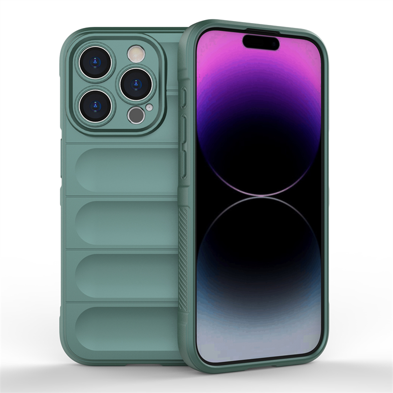 Coque verte avec téléphone. Fond blanc.