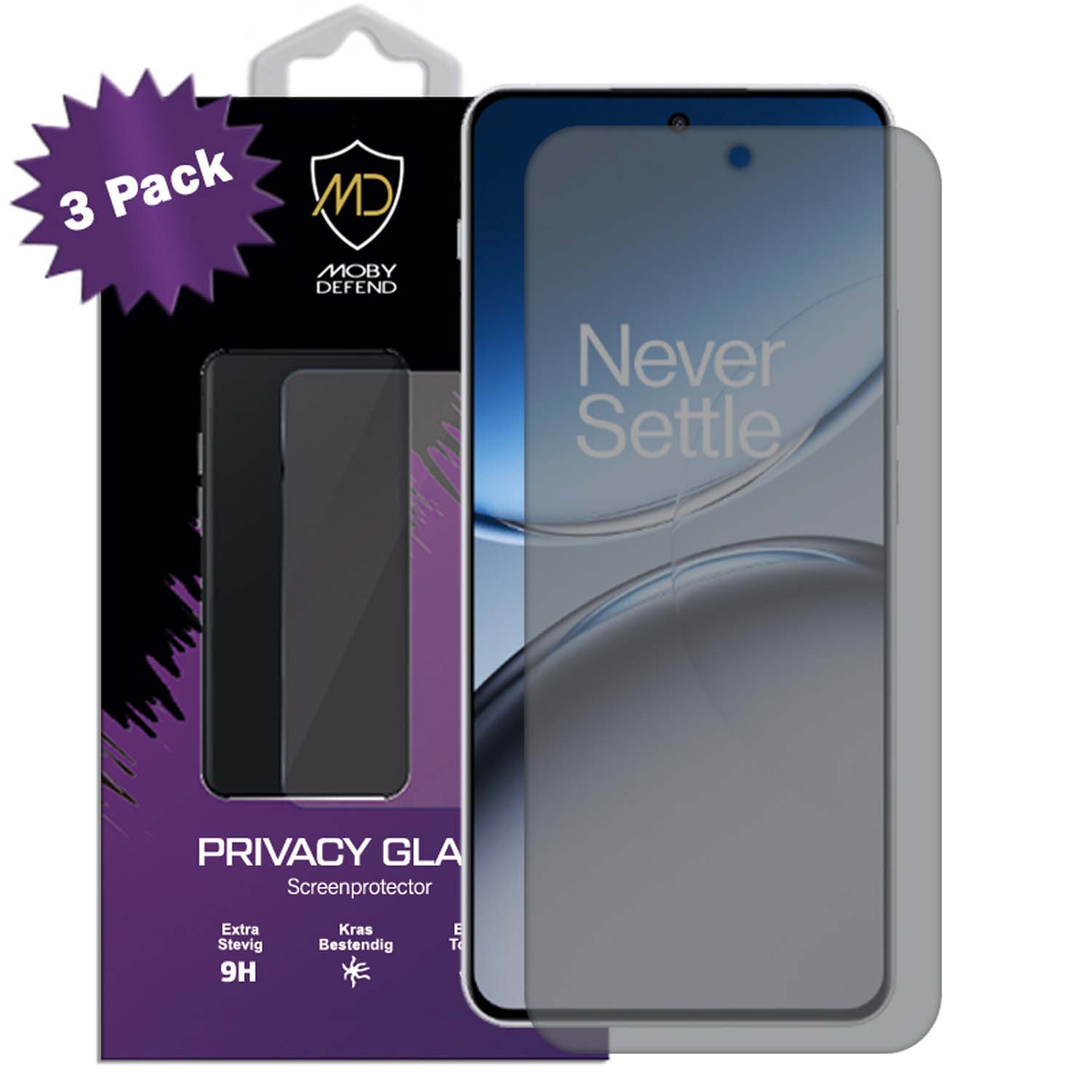 3-pack screenprotector voor een telefoon. De telefoon met de screenprotector is zichtbaar.