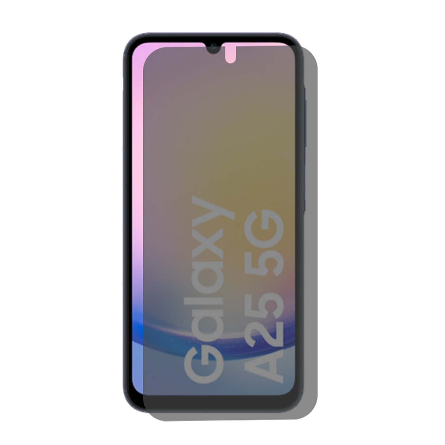 Téléphone avec un protecteur d'écran. L'écran affiche 'Galaxy A25 5G'.