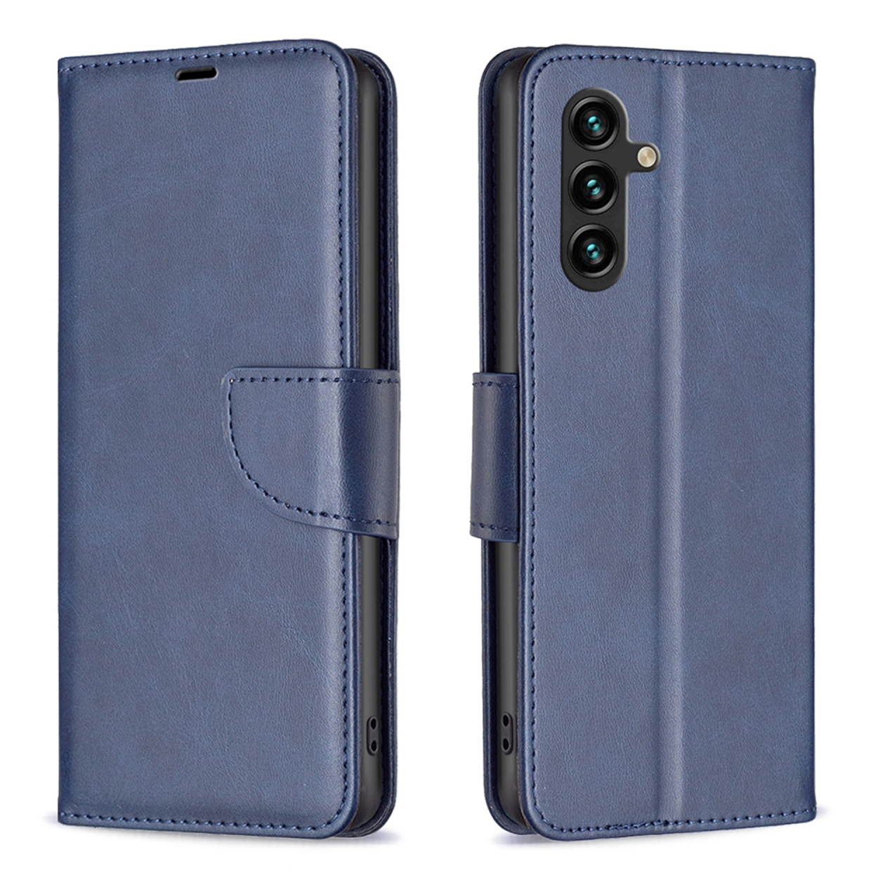 Blauwe leren telefoonhoes. De hoes is gesloten in één afbeelding en open in een andere.