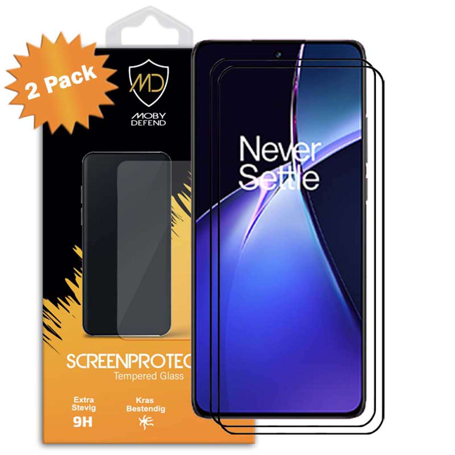 Deux protections d'écran pour un téléphone, avec une boîte '2 Pack'. Design violet.