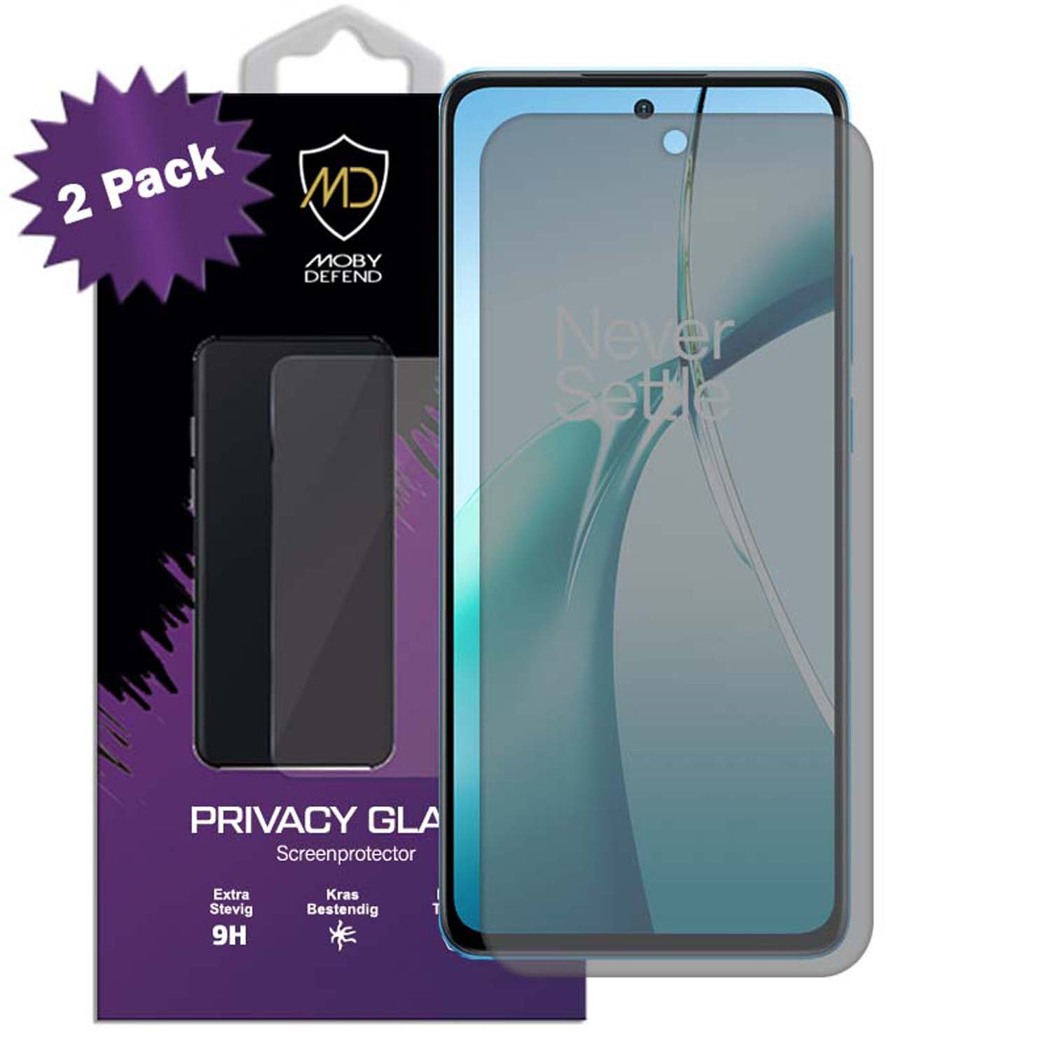Telefoonschermbeschermer in een doos. Zegt Privacy Glass, 2-pack, Moby Defend. De telefoon is zichtbaar.