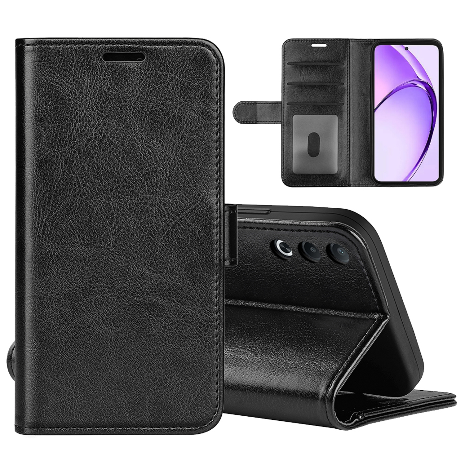 Étui de téléphone noir avec téléphone. L'étui a des emplacements pour cartes et se plie en support.