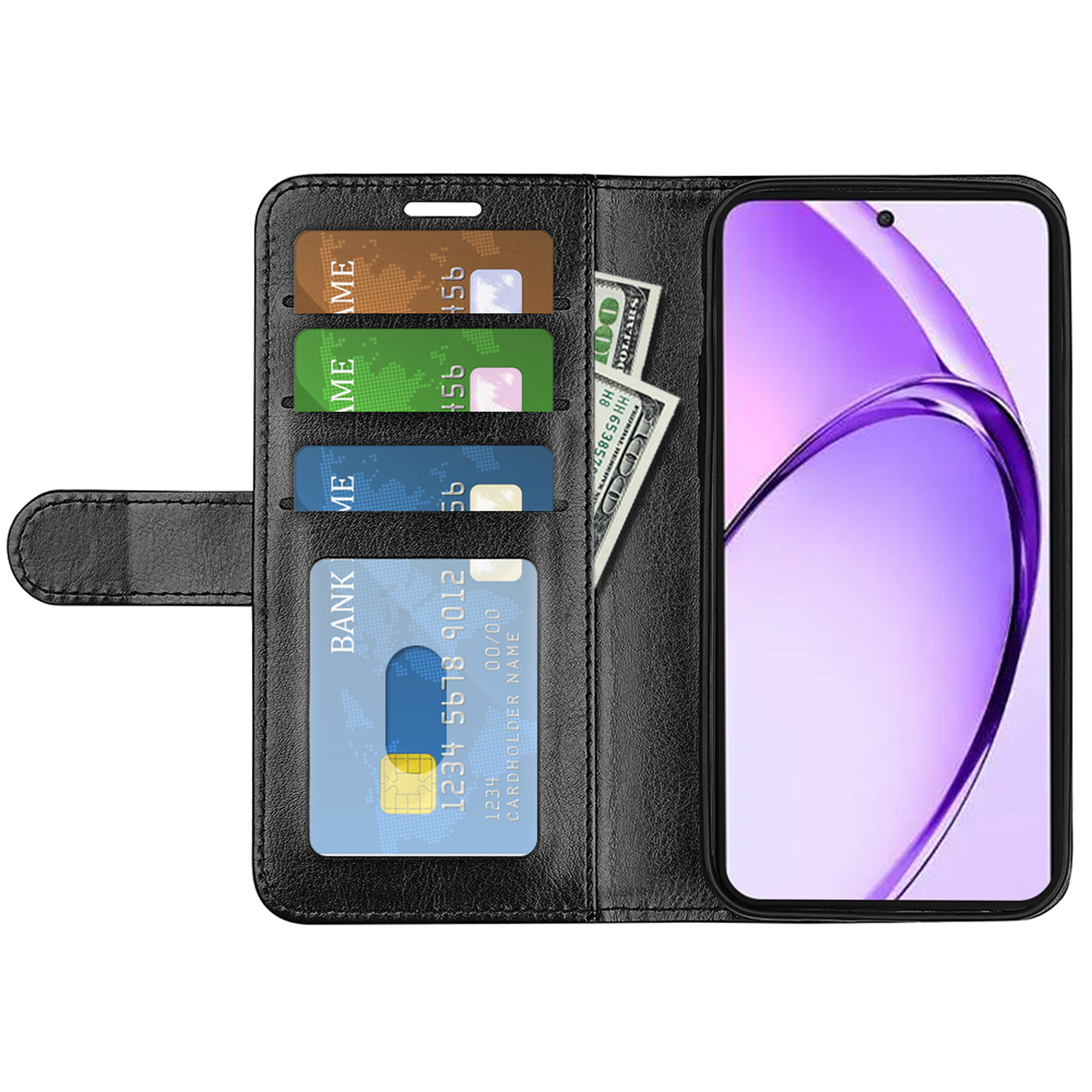 Portefeuille en cuir noir ouvert avec téléphone et cartes. Écran de téléphone visible. Cartes étiquetées 'ME' et 'BANK'.