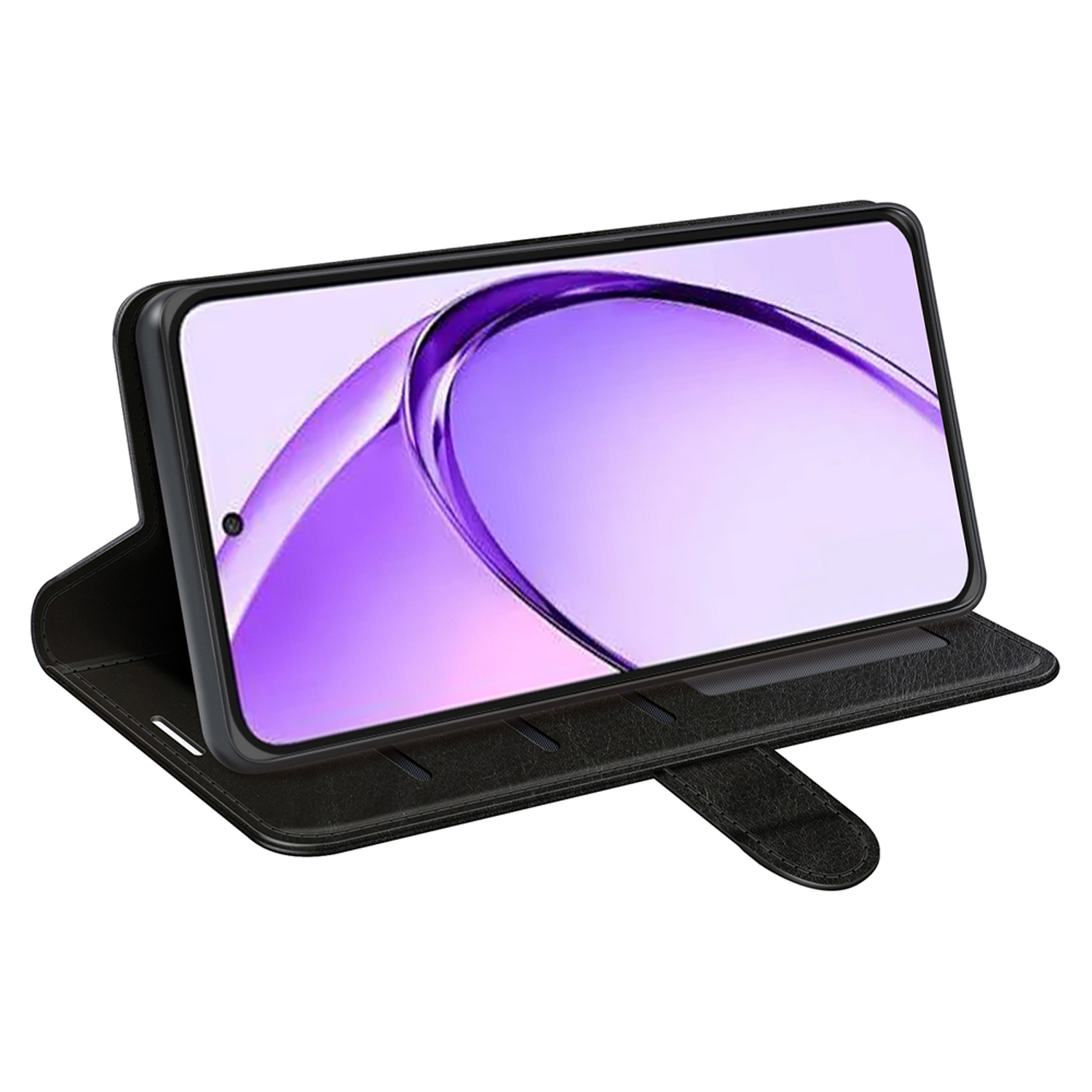 Étui de téléphone noir avec téléphone à l'intérieur, en angle. L'écran affiche une image floue violette.