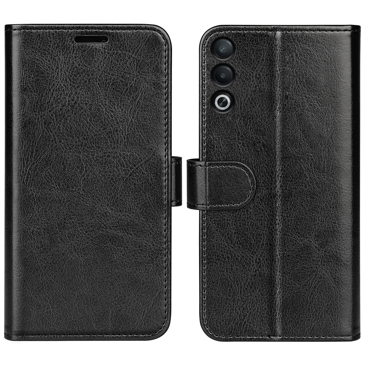 Un étui en cuir noir, fermé. L'intérieur de l'étui, avec le téléphone, est noir.