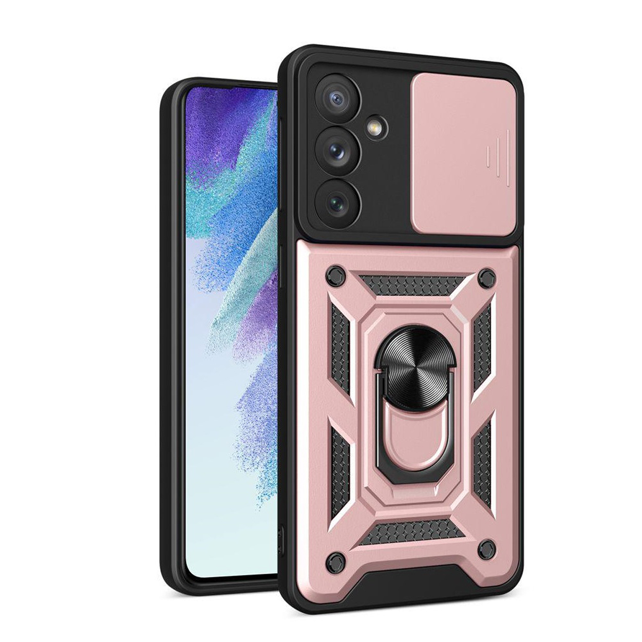 Roze en zwarte telefoonhoes met een ring en een cameralensafdekking. Telefoon zit erin.