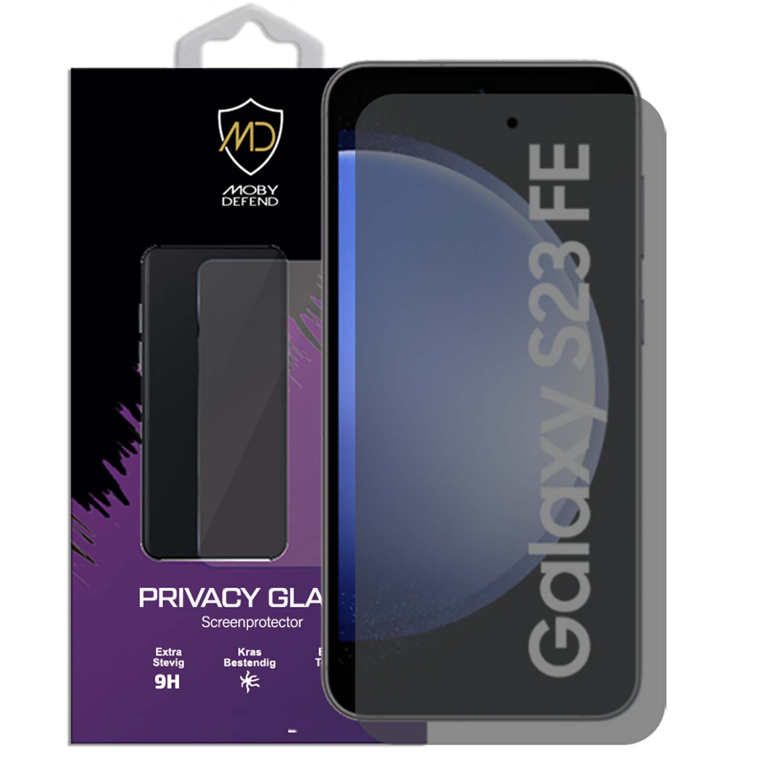 Protecteur d'écran en verre de confidentialité pour un Galaxy S23 FE, avec une boîte noire et violette.
